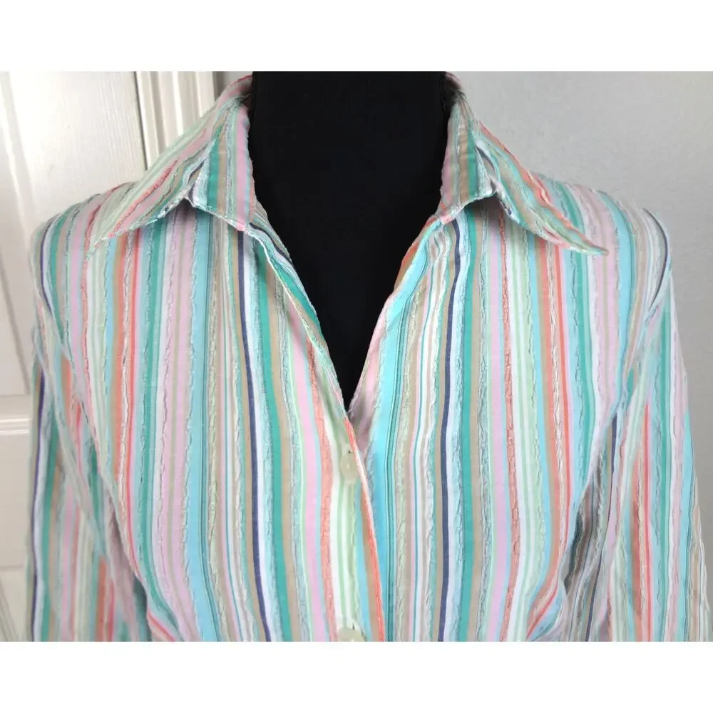 Vintage 90s Y2K Striped Button Down Top 8P Petite Women Cotton Gauze Crinkle